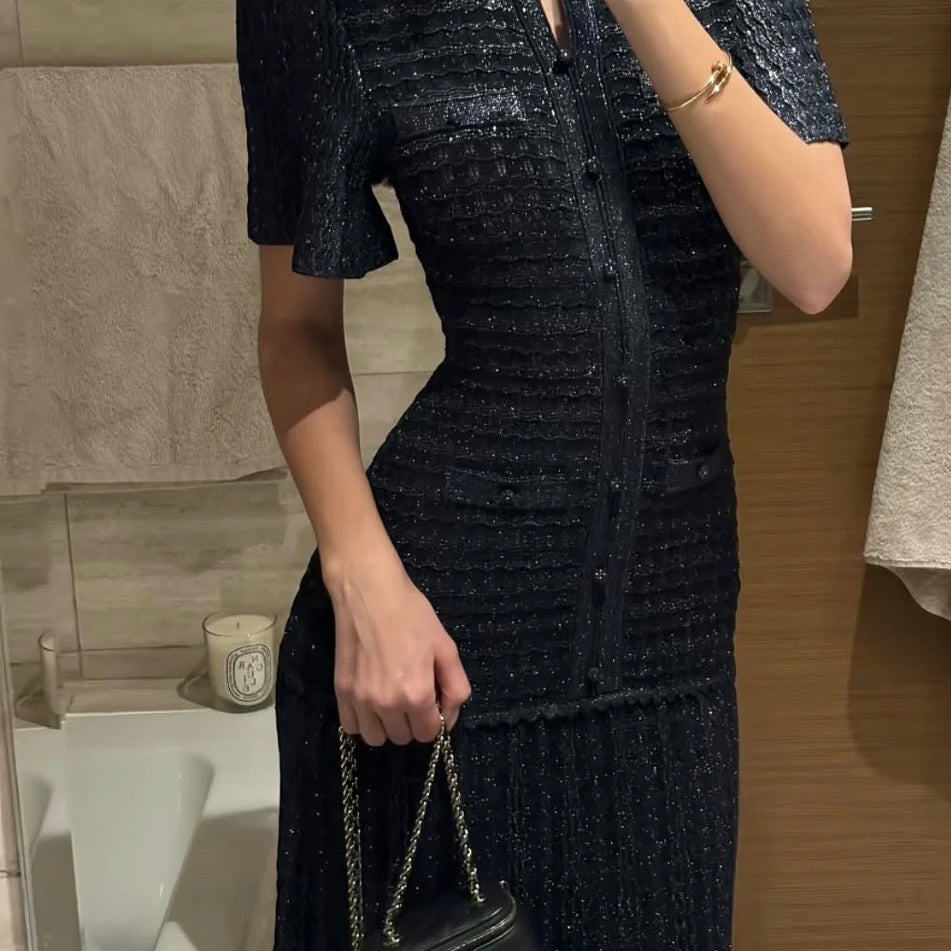 Navy Textured Knit Maxi Dress