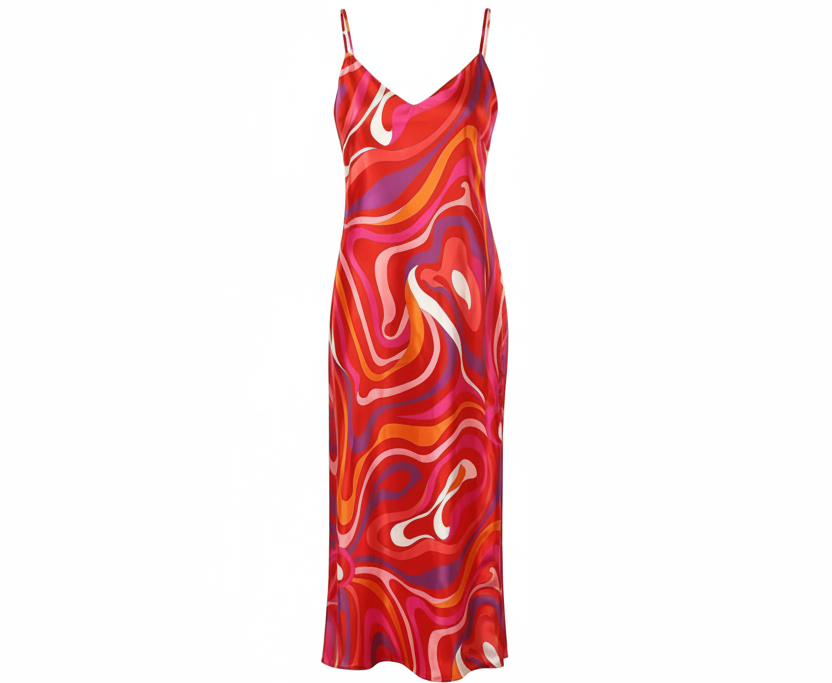 Red Swirl Print Satin Midi Dress