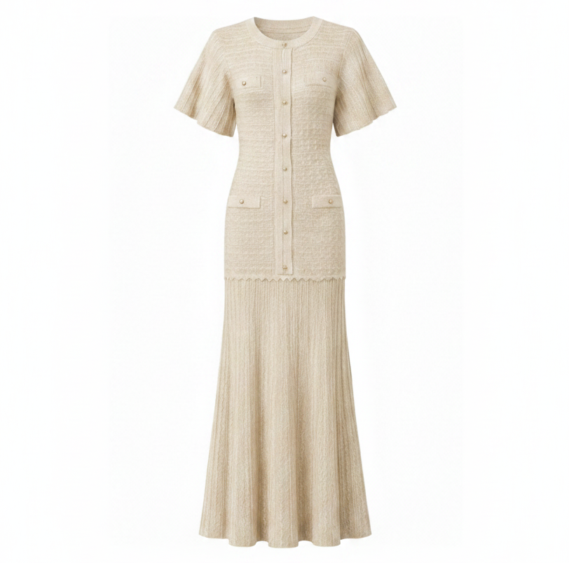 Cream Textured Knit Maxi Dress