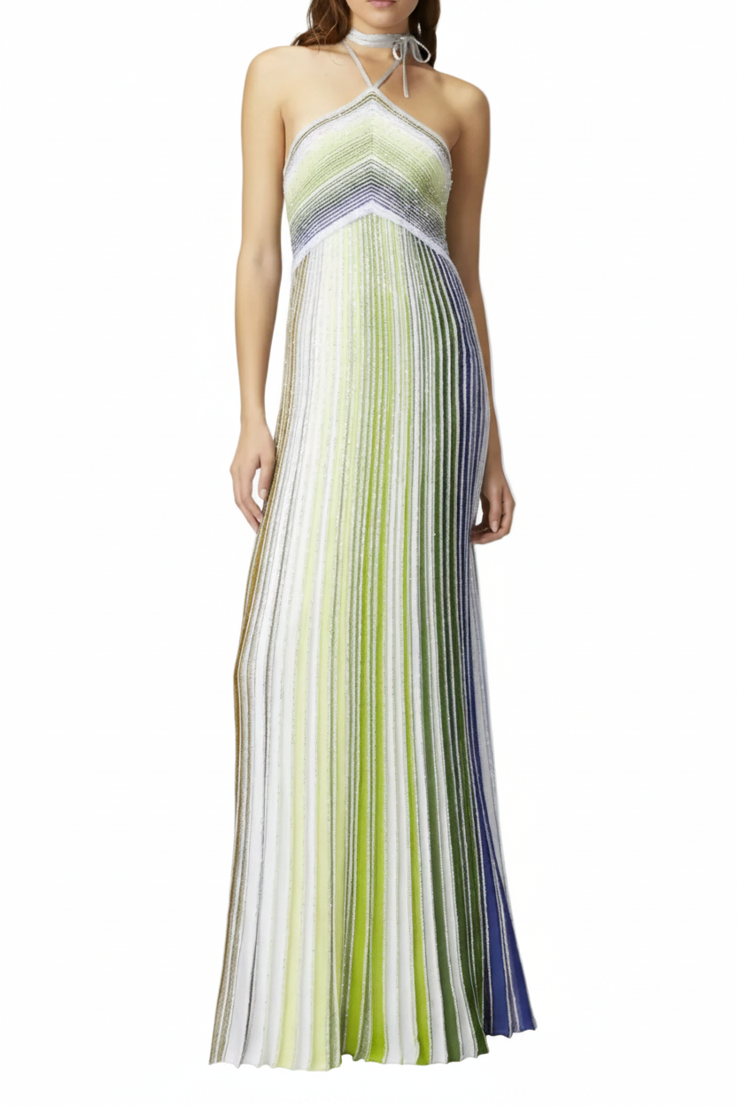 Metallic Stripe Halter Maxi Dress
