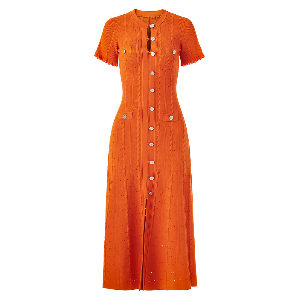 Orange Buttoned Knit Midi Dress